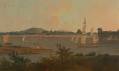 Pinnace sailing down the Ganges past Monghyr Fort by Thomas Daniell