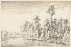 Riviergezicht met enkele huizen by Anthonie Waterloo