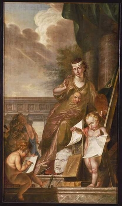 Schoorsteenstuk "Imitatio", allegorie op de Beeldende Kunsten en Bouwkunst by Johannes Zacharias Simon Prey