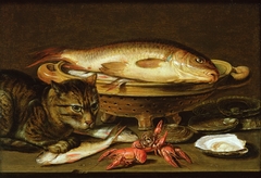 Still life of fish, oysters and crayfish with a cat by Clara Peeters