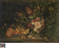 Stilleven met bloemen en fruit by Jozef Dinnewet