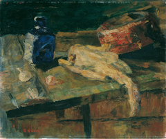 Stillleben mit blauer Flasche und gerupftem Huhn by James Ensor