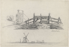 Studies van een hek, een poort en een landschap met windmolen by Johan Conrad Greive