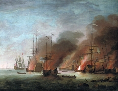 The burning of the French flagship Soleil Royal in Cherbourg Bay during the protracted battle of La Hogue, 22nd-24th May 1692 by Willem van de Velde the Younger