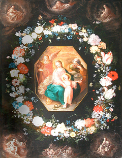 The Holy Family in a garland of flowers by Frans Francken the Younger