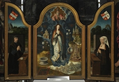 Triptych of Immaculate Conception, central section: Allegory of Immaculate Conception of Virgin Mary; left wing: Portrait of the founder, Mathias Laurin, Lord de Watervliet; right wing: Portrait of th by Adriaen Isenbrandt