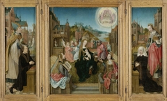 Triptych with Virgin and Child with Saints (center), male Donor with Saint Martin (left, inner wing), female Donor with Saint Cunera (right, inner wing), and the Annunciation (outer wings) by Master of Delft