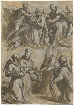 Vier heiligen in aanbidding en de kroning van Maria by Jacopo Palma il Giovane