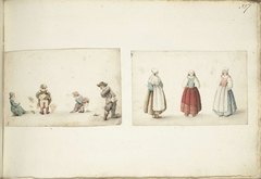 Vier kinderen die hun behoefte doen en drie staande vrouwen by Gesina ter Borch