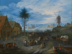 Village animated with people by Joseph van Bredael