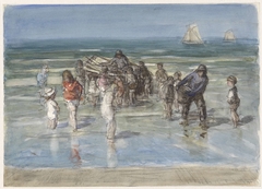 Vissersschuit, omgeven door kinderen, op het strand van Scheveningen by Johan Antonie de Jonge