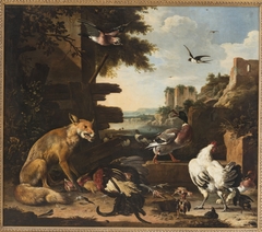 Vos met dode haan en pluimvee by Melchior d'Hondecoeter