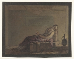 Vrouw zittend op haar bed in een cel by Unknown Artist