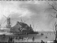 Winter Scenery with Ice Skaters, a Mill to the Left by Thomas Heeremans