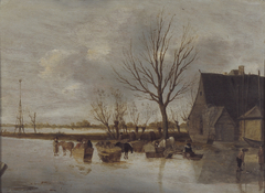 Winterlandschap met boerderij en paardesleeën op het ijs by Salomon van Ruysdael