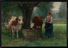 Young Woman Watering Cattle by Julien Dupré