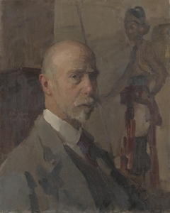 Zelfportret met een portret van Raden Mas Jodjana op de achtergrond by Isaac Israels