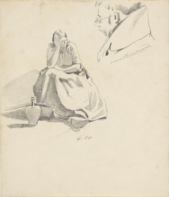 Zittende vrouw met kruik en portretstudie oudste Boomhouwer by Pieter van Loon