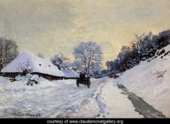 A Cart On The Snow Covered Road With Saint Simeon Farm by Claude Monet