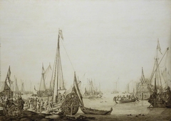 A Dutch Bezan Yacht and many other Vessels in a Crowded Harbour beside a Tavern by Willem van de Velde the Elder