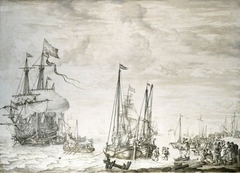 A Dutch flagship, thought to be the Eendracht at anchor close in by Willem van de Velde the Elder