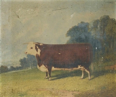 A Prize Bull in a Wooded River Landscape by Richard Whitford