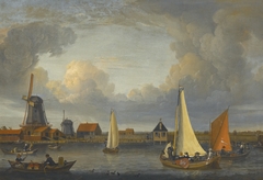 A river landscape with fishermen in rowing boats, windmills beyond by Abraham Storck