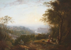 A River Landscape with Two Bridges, a Ruined Abbey, Castle and Boys in a Wood by Anonymous