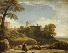 A View of, possibly, Ariccia with Horsemen by Anonymous