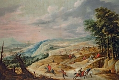 An extensive landscape with a cavalry skirmish on a ridge by David Teniers the Younger