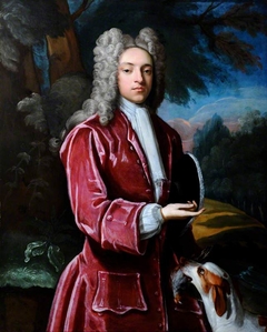 An Unknown Gentleman in a Plum-coloured Coat, with a Dog presenting a Dead Partridge by style of James Maubert