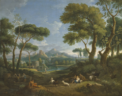 Arcadian landscape with shepherds and shepherdesses by Jan Frans van Bloemen