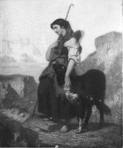 Bergère avec un chien dans les Alpes by Hugues Merle