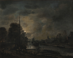 Boten op een rivier bij maanlicht by Aert van der Neer