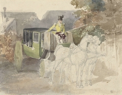 Coupétje met twee paarden, in bosrijke omgeving by Eugéne Louis Lami