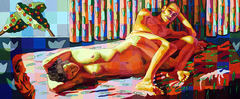 couple on bed man woman painting male female painting erotic art raphael perez by Raphael Perez