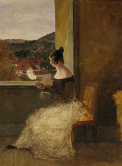 Dame am Fenster mit Spinnrocken by Friedrich Loos