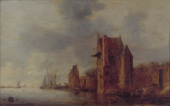 Een stadsmuur met twee torens aan een rivier by Jan van Goyen