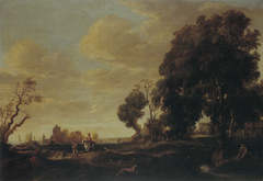 Een zandweg met valkenier en een kasteel in de verte by Aert van der Neer