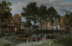 Ein Dorfplatz mit städtischen Besuchern by Adriaen van Stalbemt