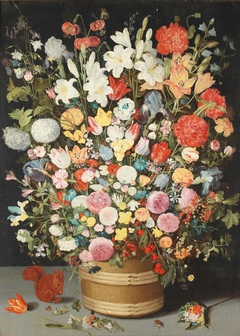 Extensive bouquet of mixed spring and summer flowers in a wooden tub beside a squirrel by Anna Maria Janssens