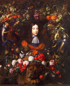 Flower garland with portrait of William III of Orange, aged 10 by Jan Davidsz. de Heem