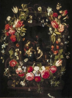 Flower Wreath with the Mystical Marriage of Saint Catherine by Frans Ykens