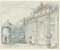 Gezicht in een Franse tuin met heer en dame by J. de Marsy