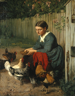 Girl feeding chicken by Hans Thoma