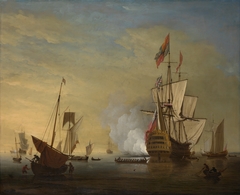 Harbor Scene: An English Ship with Sails Loosened Firing a Gun by Peter Monamy