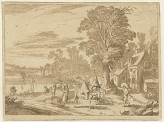 Herberg met grote boom en figuren bij het ijs by Jan van de Velde II