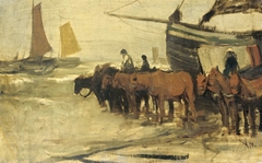 Het in zee brengen van een visserspink by Anton Mauve