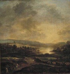 Hilly landscape at sunset by Aert van der Neer