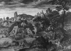 Hilly Landscape with a village with peasants and hunters by Lucas Gassel